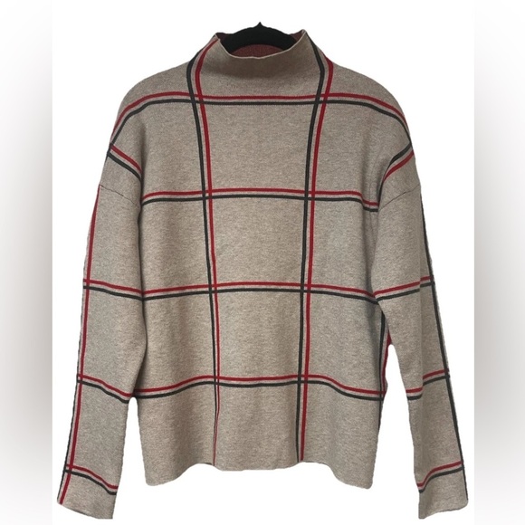 NWOT Tahari Luxe Mock Neck Plaid Sweater Tan, red, gray Size M - Picture 1 of 7